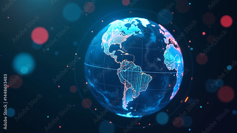 Poster shot rotating earth globe swirling computer cyberspace data seamlessly integrated surface set dark