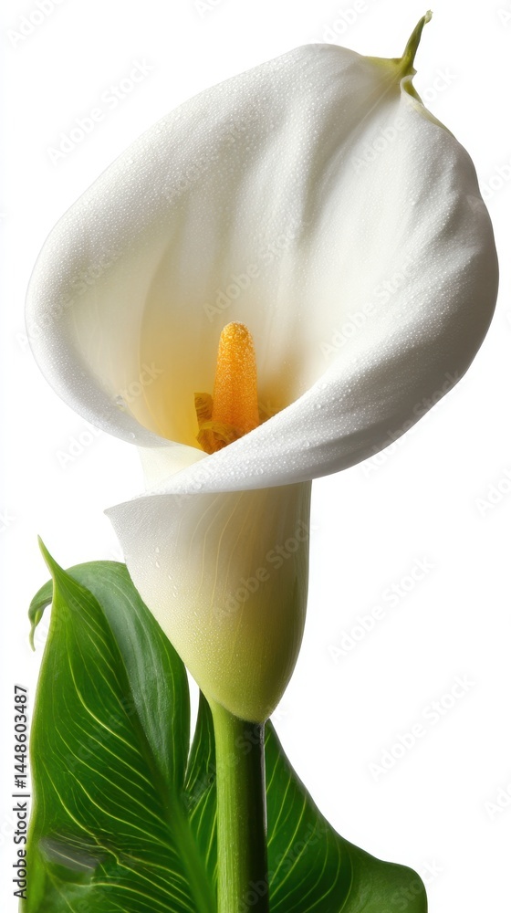 Poster elegant calla lily blossom with dew drops against a pristine white background creating a serene and 