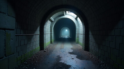 Obraz premium dark textured tunnel entrance beckons shadows punctuated skeletal metalwork soft ethereal glow emanates uncertain