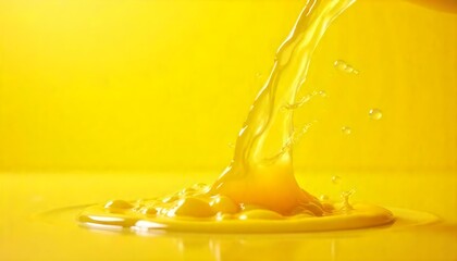 pouring yellow bright liquid with splash and bubbles isolated on yellow