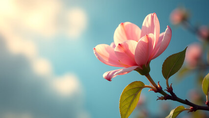 delicate apricot blossom unfurls petals soft serene blue sky dawn morning light casts warm glow gentle shadows