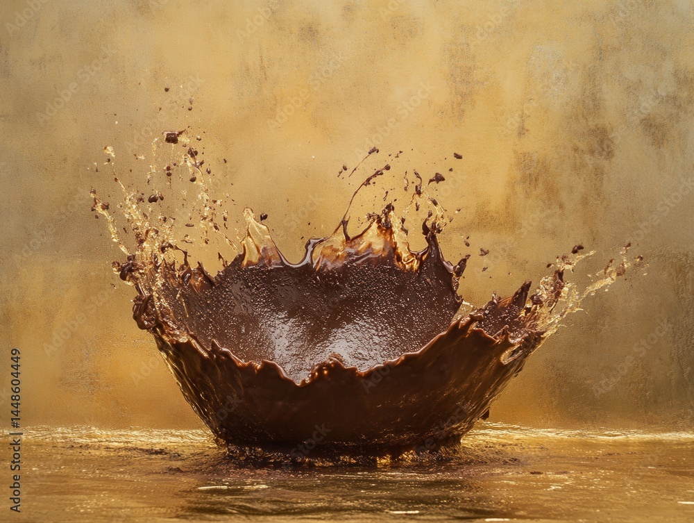Poster decadent chocolate splash on golden backdrop capturing dynamic movement and rich texture in studio s