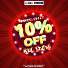 3d editable vector text effect for 10% off special offer. Bold typography vector design template for retail sale, promotion, and advertising.