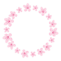 Round floral frame with delicate pink cherry blossoms arranged in a soft circular wreath. Represents spring, tenderness and romantic elegance with space for text in the center