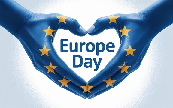 Europe Day, European hands forming heart with EU stars in harmony.