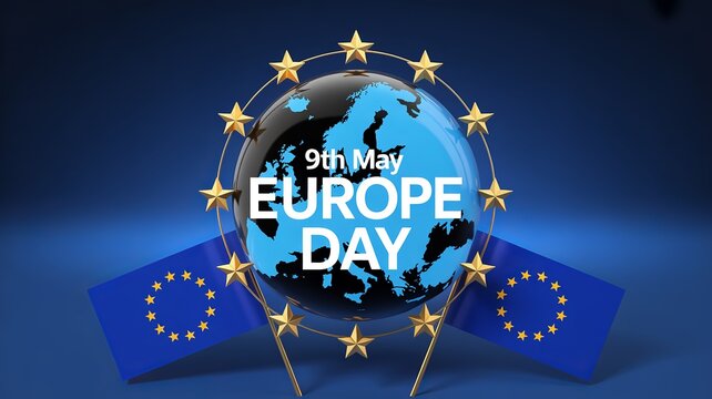 Blue Europe Day design features map, stars, and flags with pride.