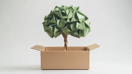 An origami paper tree growing out of an open cardboard box on a white background.