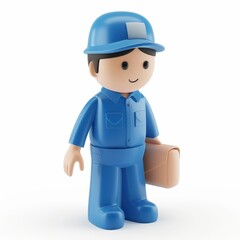 Smiling blue-uniformed delivery person figure.
