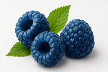 Fresh Blue Raspberries with Green Leaves on White Background