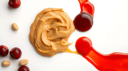 closeup peanut butter and jelly smeared into a yin and yang shape on a white table , peanut butter and jelly day ,