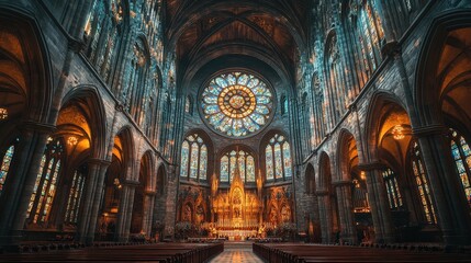 Naklejka premium Majestic interior view of a grand gothic cathedral.