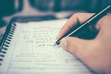 A person uses a pen to write on a spiral notebook
