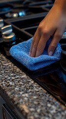 A hand with a blue cloth cleaning a black stovetop