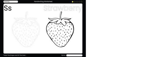  Trace Letter S. Sweet Strawberry Coloring Page for Kids. Printable Vocabulary Builder. Educational Vector Worksheet