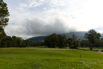 Lush green golf course landscape with rolling hills under cloudy skies, featuring vibrant trees and a serene atmosphere suitable for outdoor activities