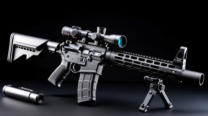 Modern automatic carbine with optical and collimator sight. A rifle with two sights on a dark background. Cartridges for weapons near a carbine.