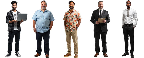 Cutout diverse business people: Hispanic, Mexican, Pacific Islander, Polish, Ethiopian men. Ideal for corporate teams, HR, global projects. Isolated on transparent background.