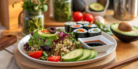 A vegan meal with quinoa, roasted red peppers, zucchini, cherry tomatoes, herbs, lemon-tahini dressing on a wooden board.