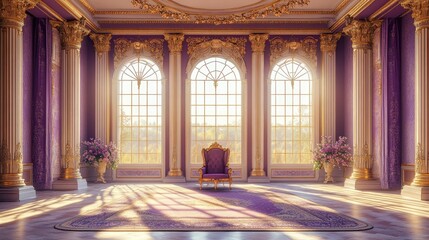 A grand, opulent throne room with a regal purple and gold color scheme. Sunlight streams through large arched windows.
