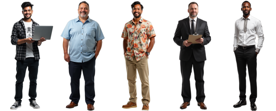 Cutout diverse business people: Hispanic, Mexican, Pacific Islander, Polish, Ethiopian men. Ideal for corporate teams, HR, global projects. Isolated on transparent background.