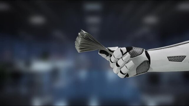 A futuristic robotic hand elegantly holds a stack of cash, symbolizing the intersection of technology and finance in a modern business environment. MZL