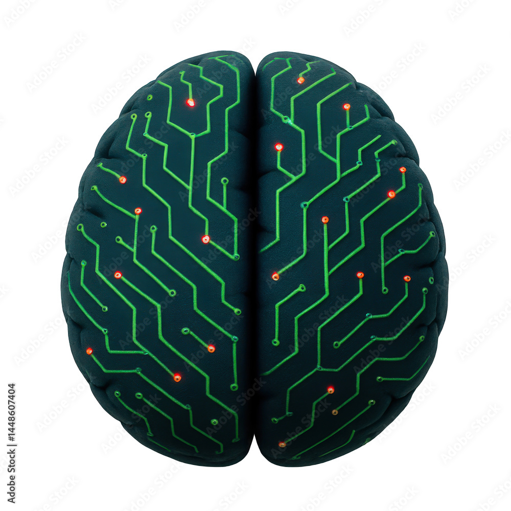 Poster glowing red data points illuminate the intricate green circuitry mapped across a stylized digital br