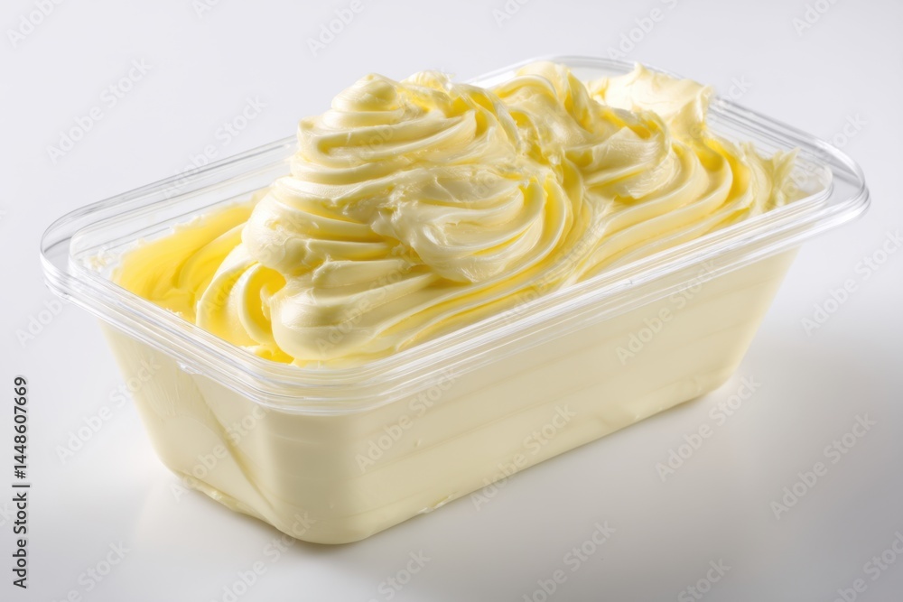 Aufkleber swirled creamy butter in a clear plastic container on a white background with soft lighting and a hi
