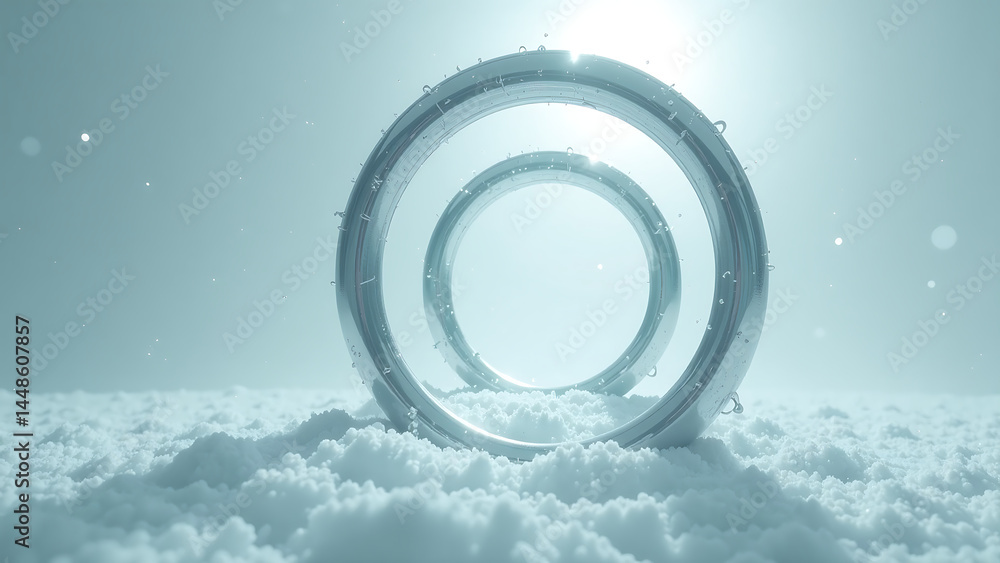 Poster mesmerizing visual loop features swirling vortex distorted silver rings suspended stark background