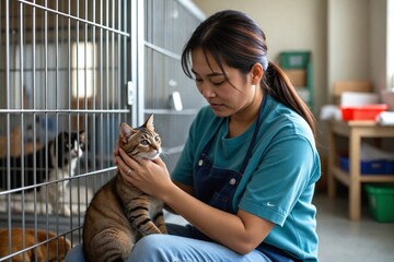 Community Service Spirit: Young Asian Woman Gently Petting a Shelter Animal with Compassion and Care