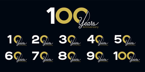 Set of vector logo designs for 10th to 100th anniversary, in gold color for celebrations, weddings and birthdays