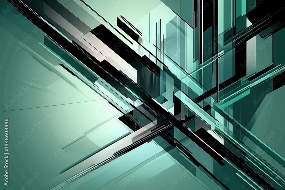 Poster modern abstract design with geometric shapes in shades of green and black creating a dynamic and fut