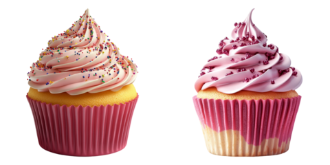 Frosted cupcakes with rainbow sprinkles isolated on transparent PNG image perfect for bakery advertisements or dessert menu visuals