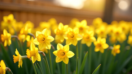 sea bright yellow daffodils stretches towards sky blooms swaying gently soft diffused morning light set