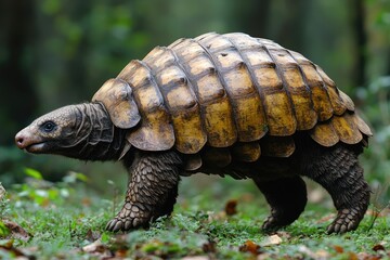 Fototapeta premium A plated tortoise walks through a forest environment