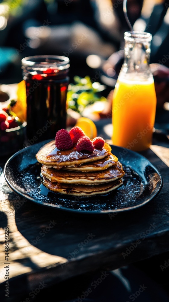 Aufkleber golden pancakes with fresh raspberries and maple syrup on a rustic table creating a warm and invitin