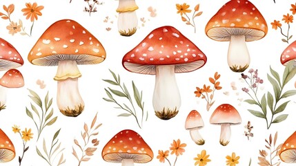 Watercolor Autumn Mushrooms Seamless Pattern Botanical Fall Design