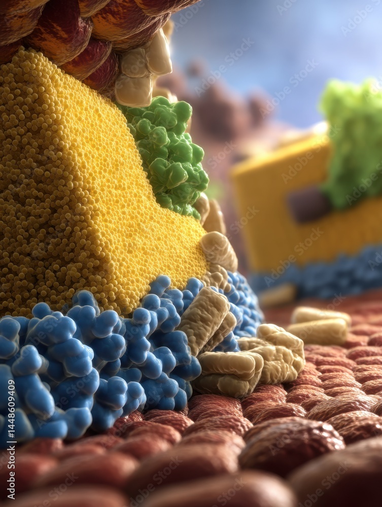 Poster detailed microscopic view of cellular structures with vibrant colors and dynamic composition for sci