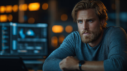 Obraz premium Young Bearded Man in High-Tech Office Setting with Thoughtful Expression