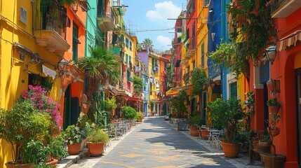 Fototapeta premium Colorful European alleyway lined with vibrant buildings.