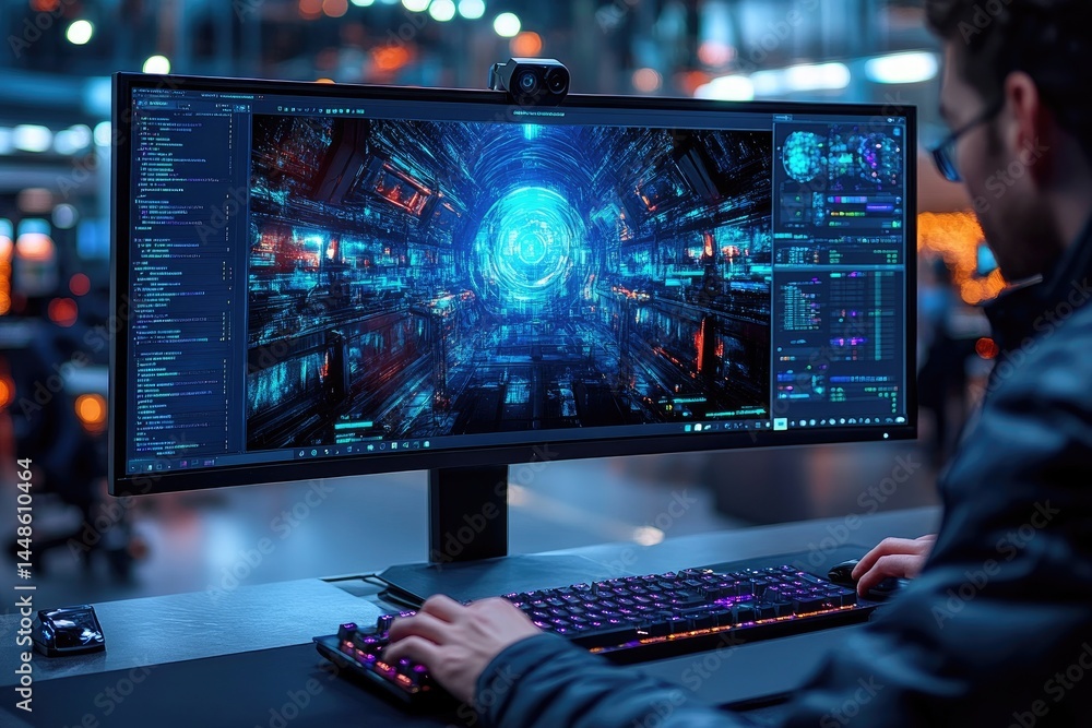 Poster a person using a computer with futuristic graphical interfaces