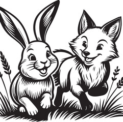 Friendly Rabbit and Fox Playfully Flying Through Fields. A whimsical black and white illustration of a rabbit and a fox joyfully flying through a field of flowers.
