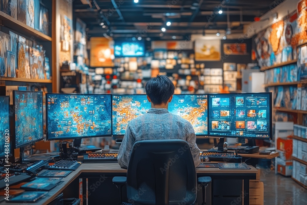 Poster a person sitting in front of multiple computer monitors