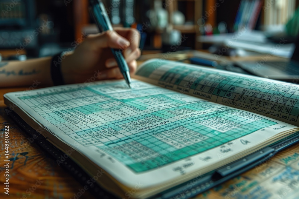 Poster a person writes on a notebook filled with various details