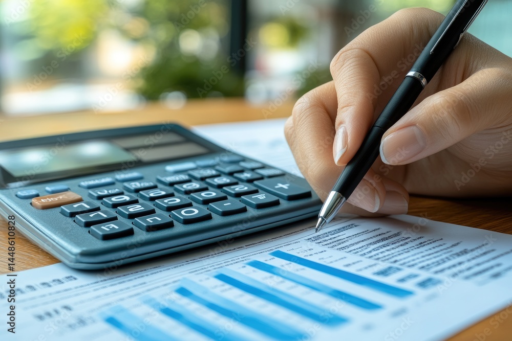 Poster a person is using a calculator and writing on documents