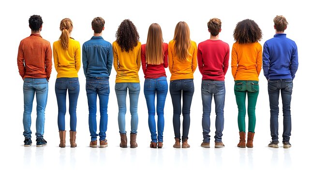 Diverse group of people standing in a line, facing away from the camera
