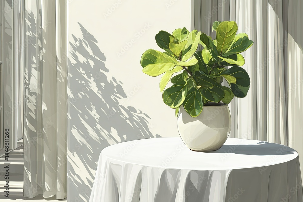 Aufkleber fiddle leaf fig plant on a white table with sunlight and shadows creating a serene atmosphere in a m