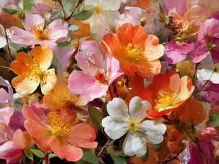 Artistic floral arrangement featuring vibrant roses in shades of pink orange and white creating a soft and dreamy atmosphere with a painterly effect and a close up perspective