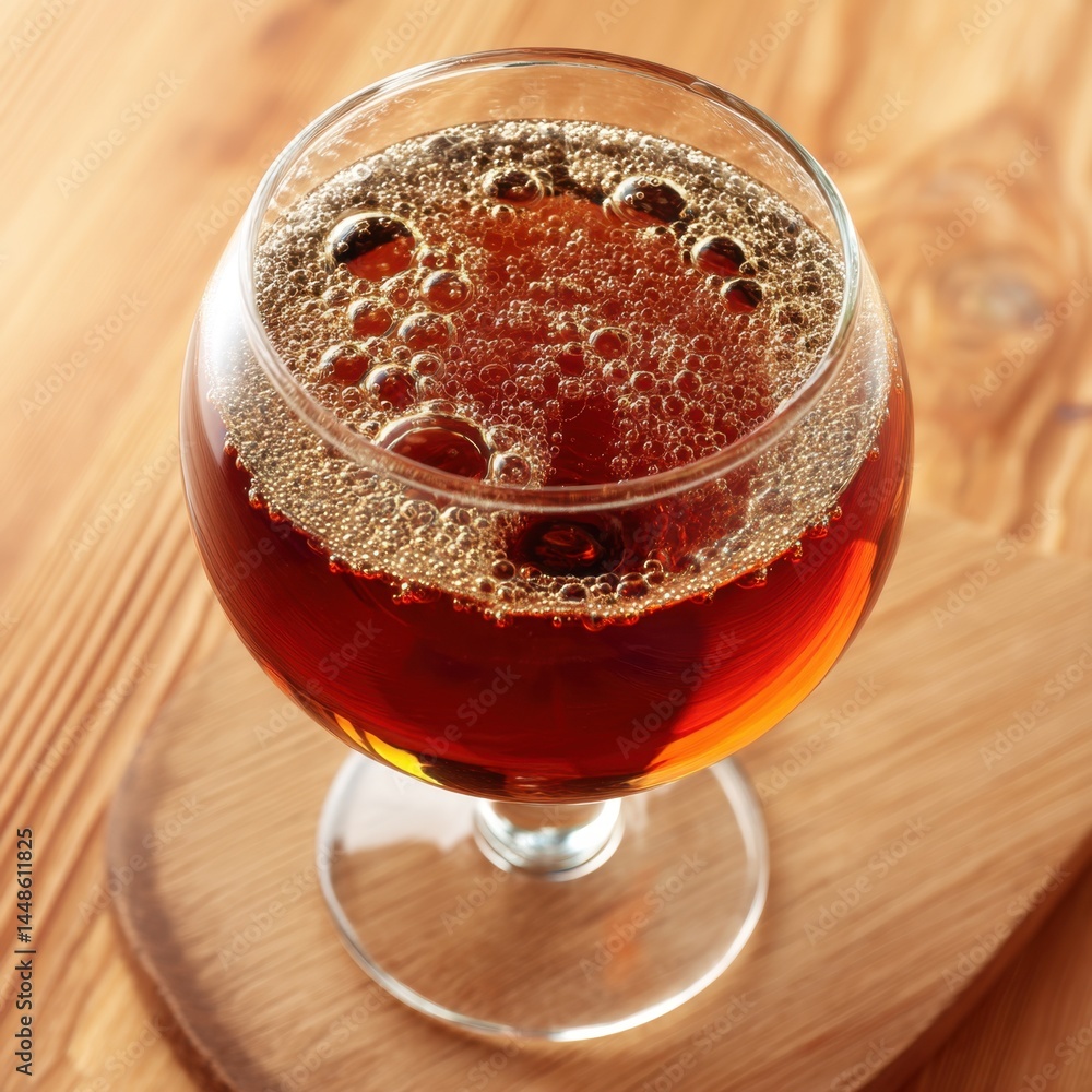 Aufkleber captivating close up of amber liquid in a glass with bubbles on a wooden table showcasing rich color