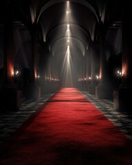 Fototapeta premium Dramatic red carpet illuminated by spotlights in a grand hall creating a sense of elegance and anticipation with classic architecture and a luxurious atmosphere