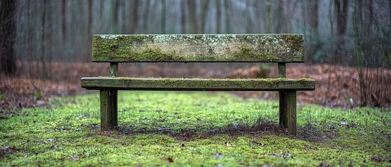 Naklejka premium Mossy park bench in a tranquil forest setting.